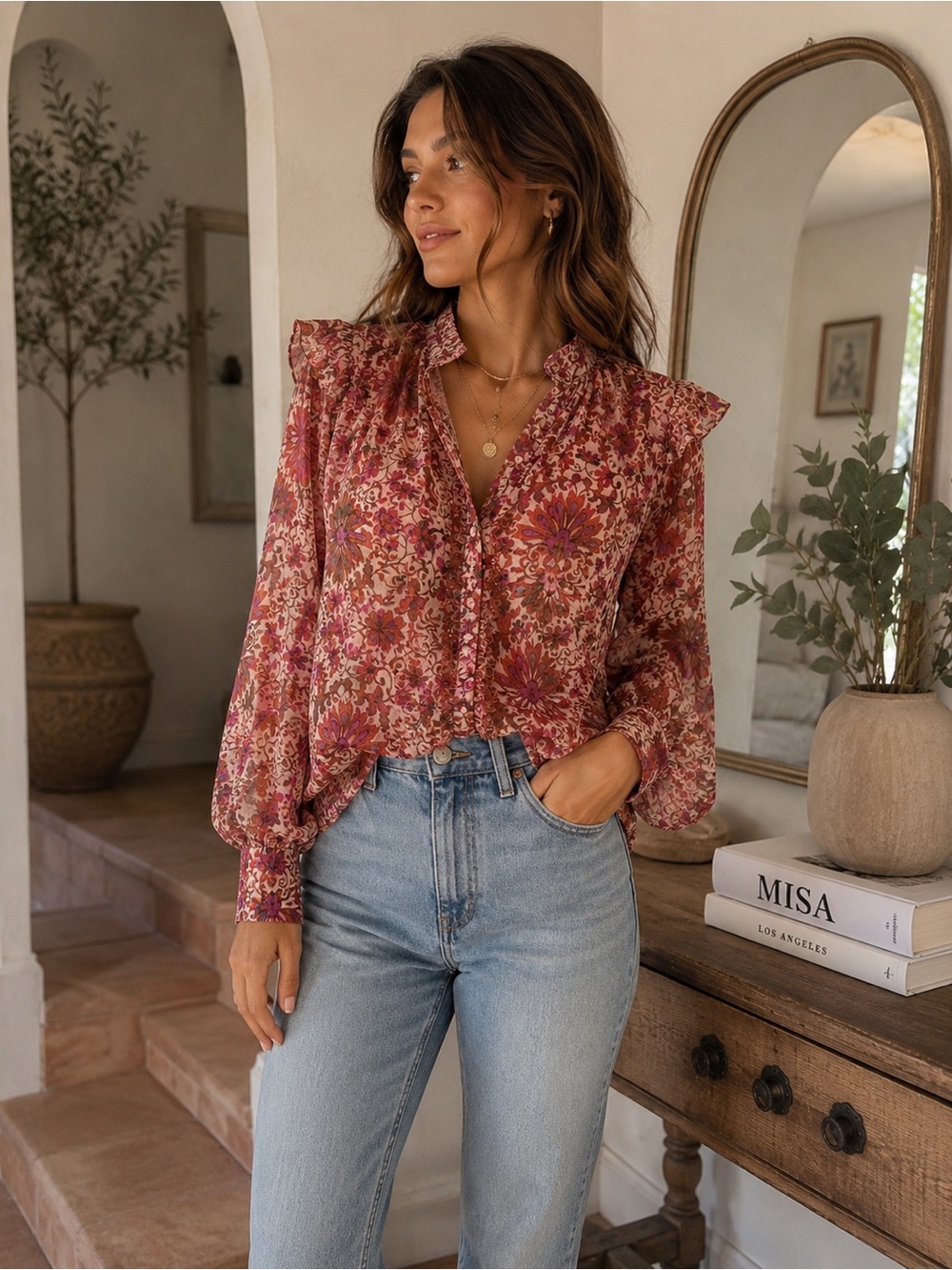 MISA Los Angeles Sheer Floral Ruffle Blouse XS S Romantic Boho Cottagecore Luxe